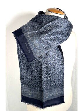 Vintage Christian Dior Blue Paisley Double Sided Pure Wool Silk Fringe Scarf